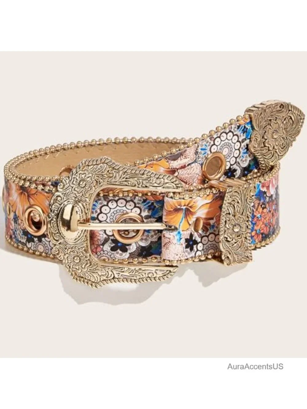 Vintage Western Belt Faux Leather Floral Carved Buckle Cowgirl Waist